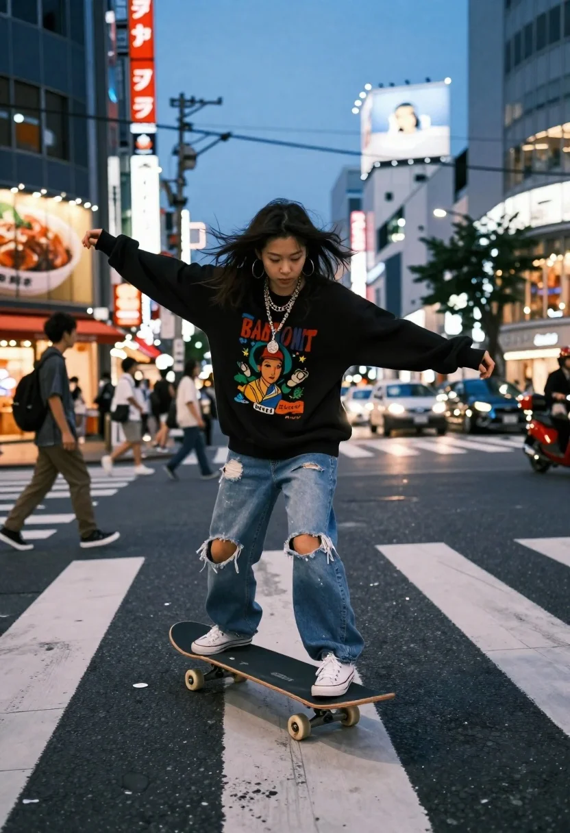 Cinematic Street Photography Shot Young Woman Skateboarding Across Crosswalk Bustling reference photo