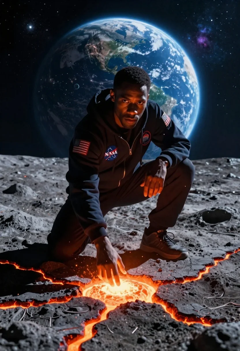 Cinematic Digital Painting Man Crouching The Moonlit Lunar Surface Subject reference photo