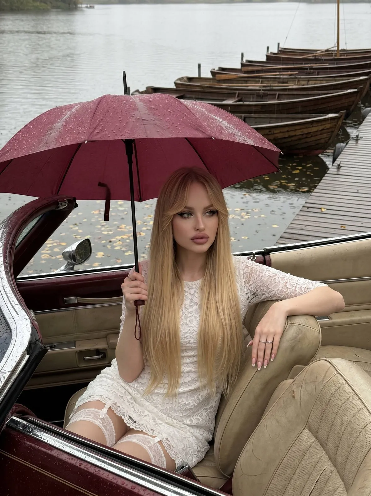 Sitting On Boat Pier With Bordeaux Umbrella