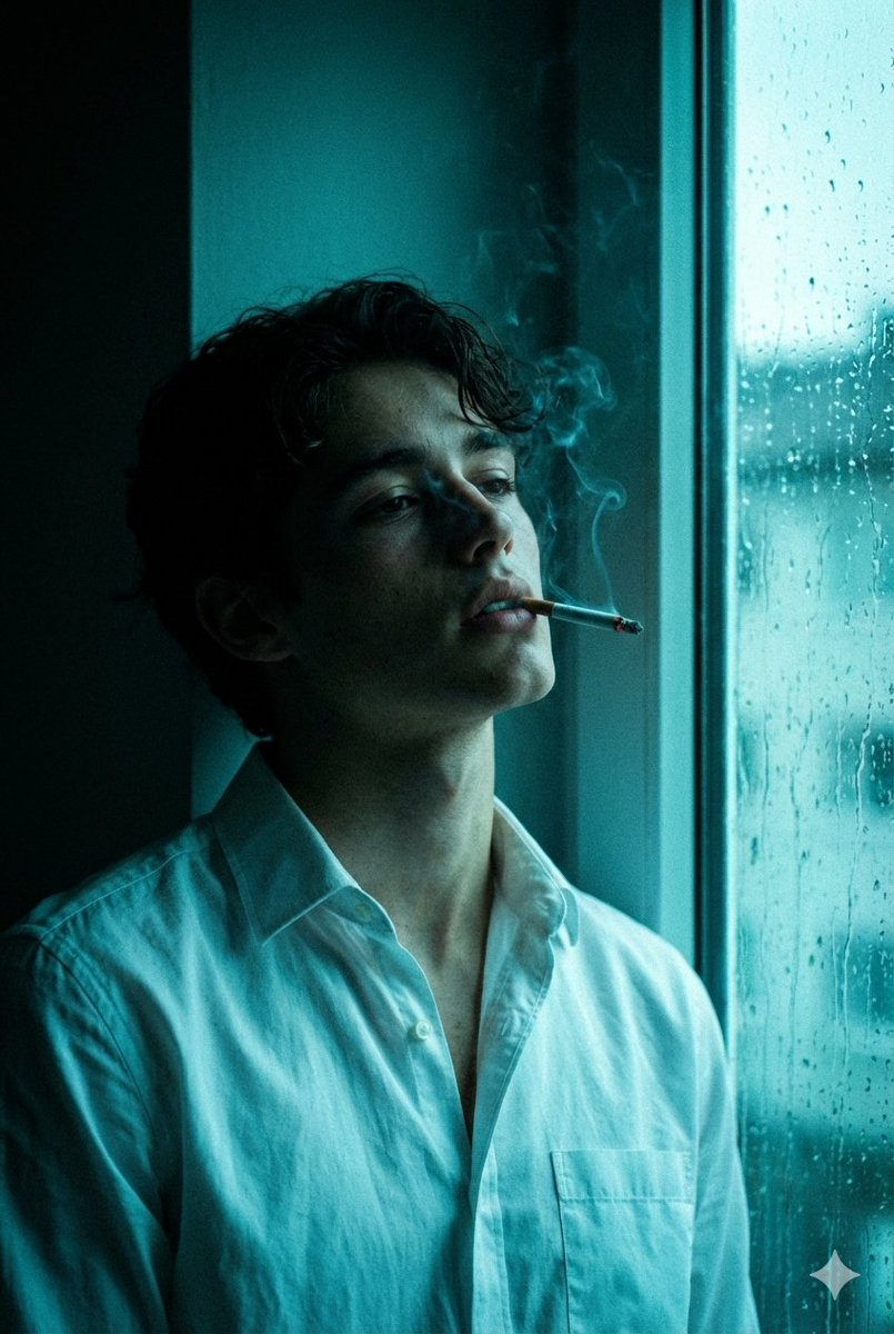 A young man looking out a window in a dimly lit room, wearing an unbuttoned shirt with a cigarette in his mouth.
