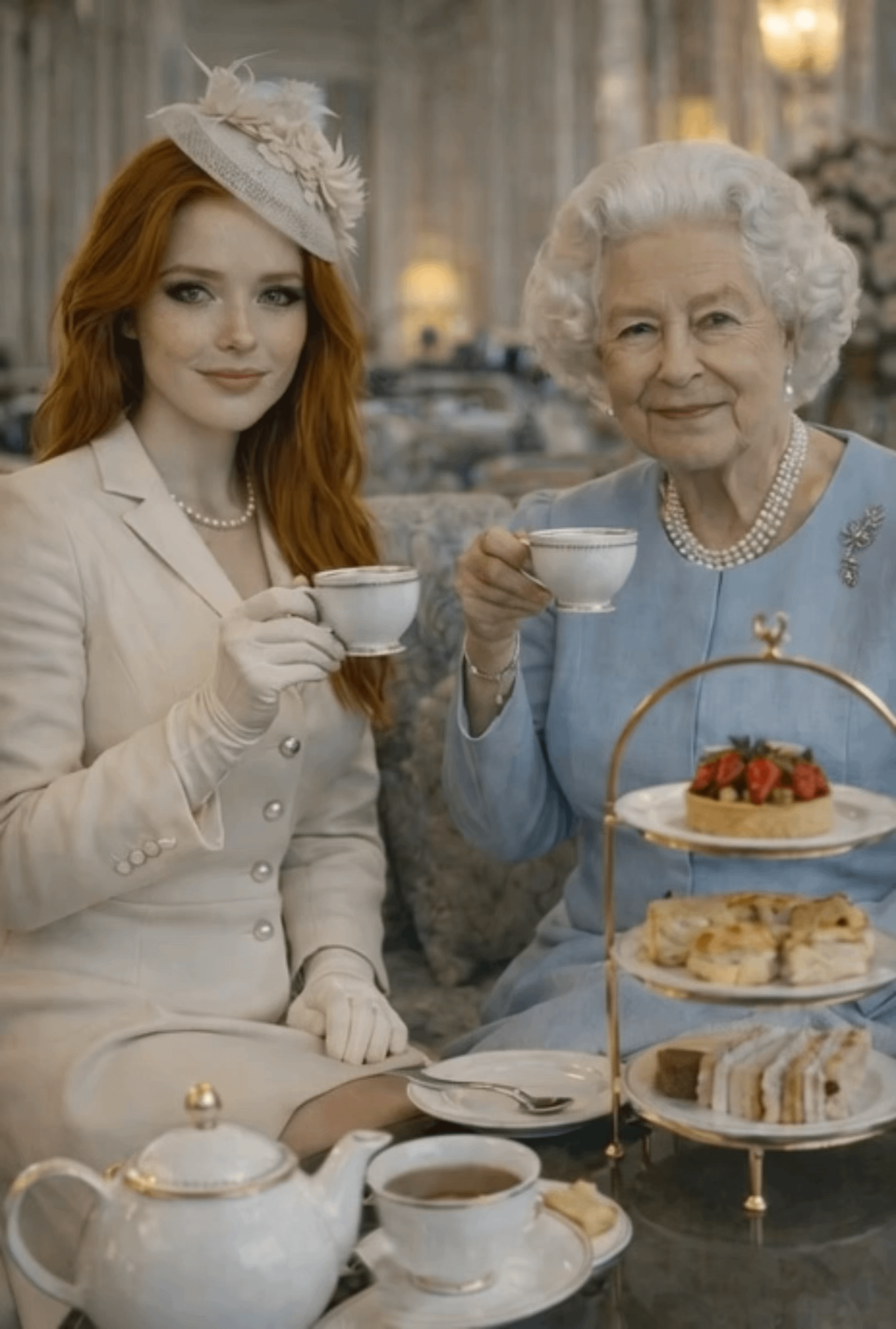 Women At Formal Afternoon Tea Luxurious Interior