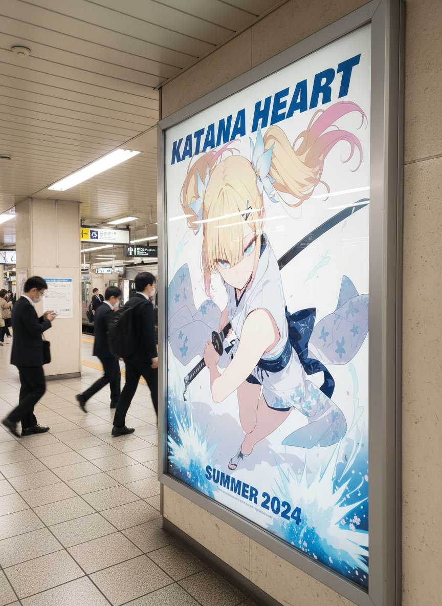 Photorealistic movie poster displayed in a busy Japanese train station underground passage.