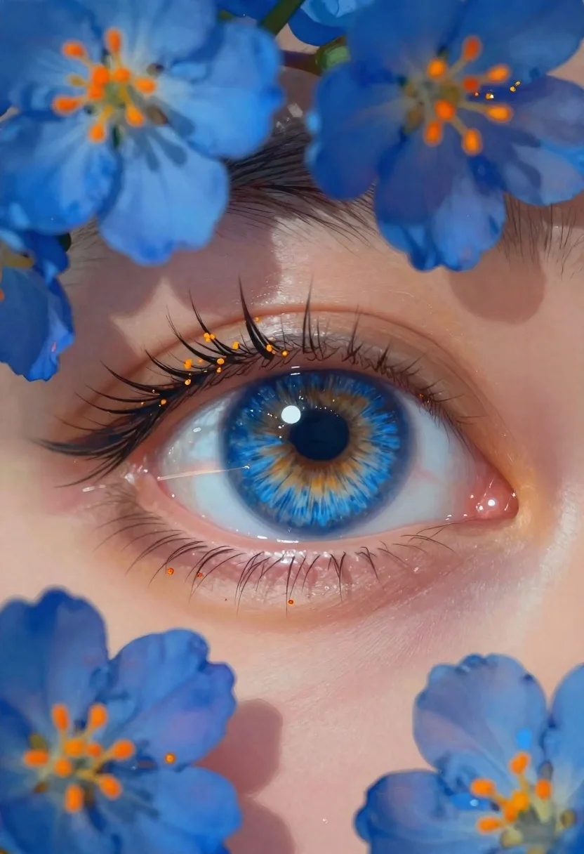 Hyper-detailed Extreme Close-up Human Eye Surrounded Vibrant Blue Flowers With reference photo