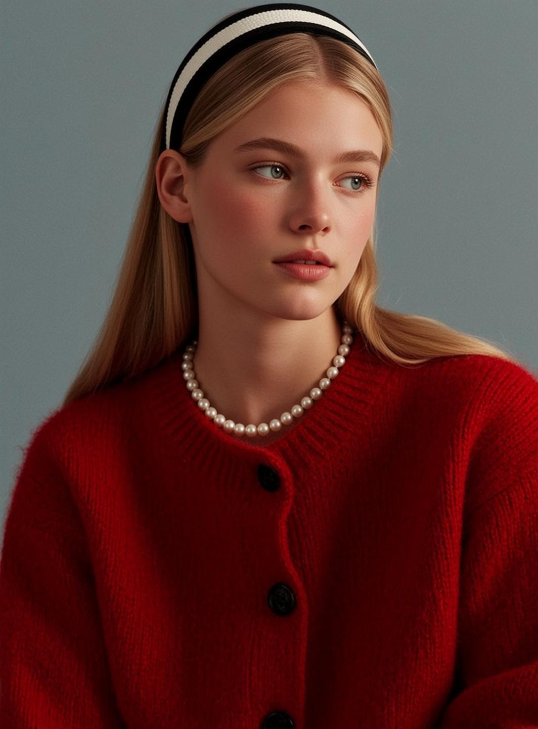 Red Cardigan Blue Backdrop