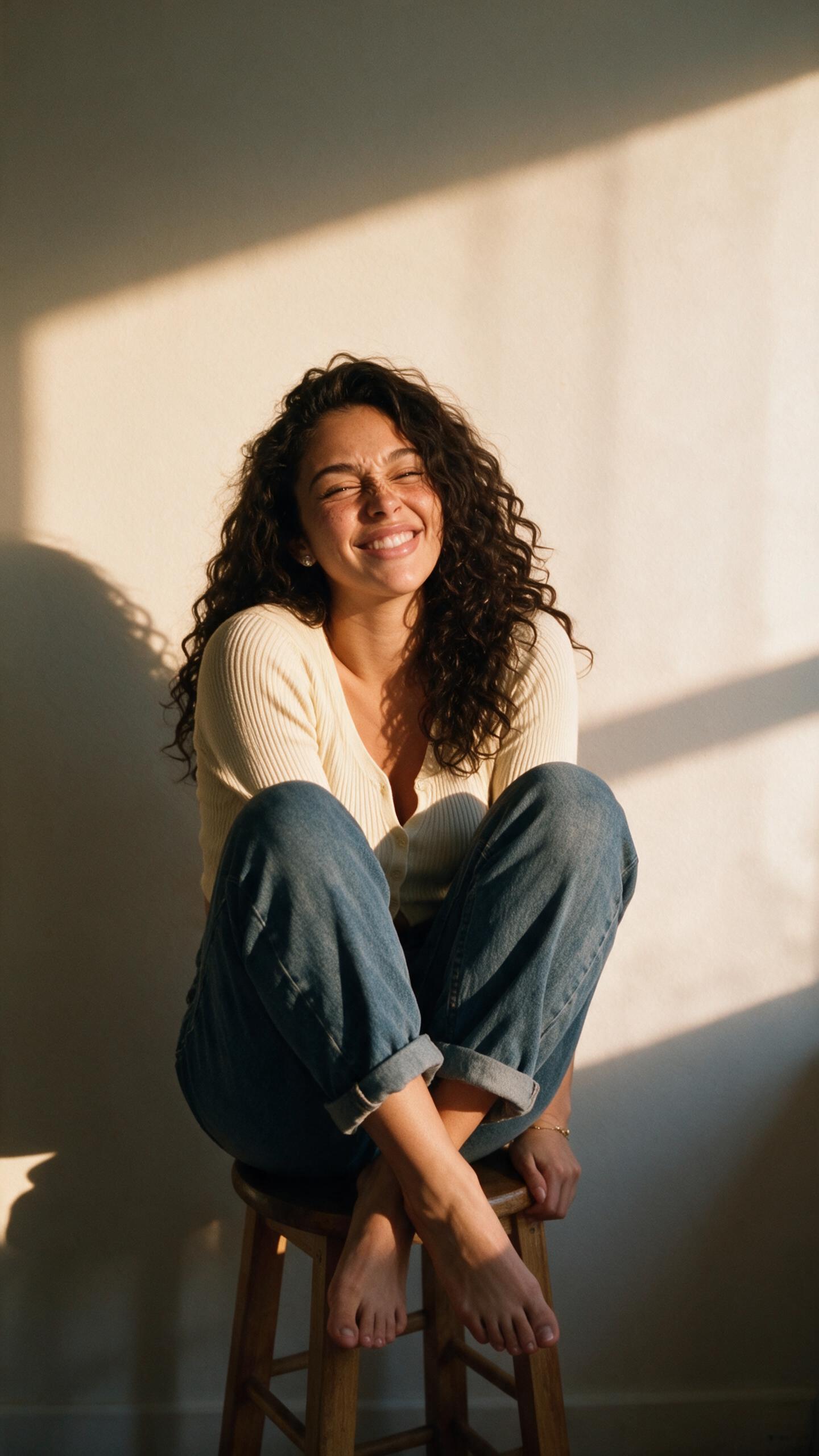 Curly Hair Woman V Neck Cardigan Denim Jeans Stool Off