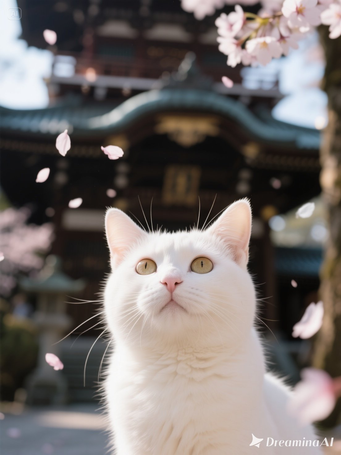 Cinematic close-up of a white cat’s face with sunlight and cherry petals in a blurred Japanese temple background.