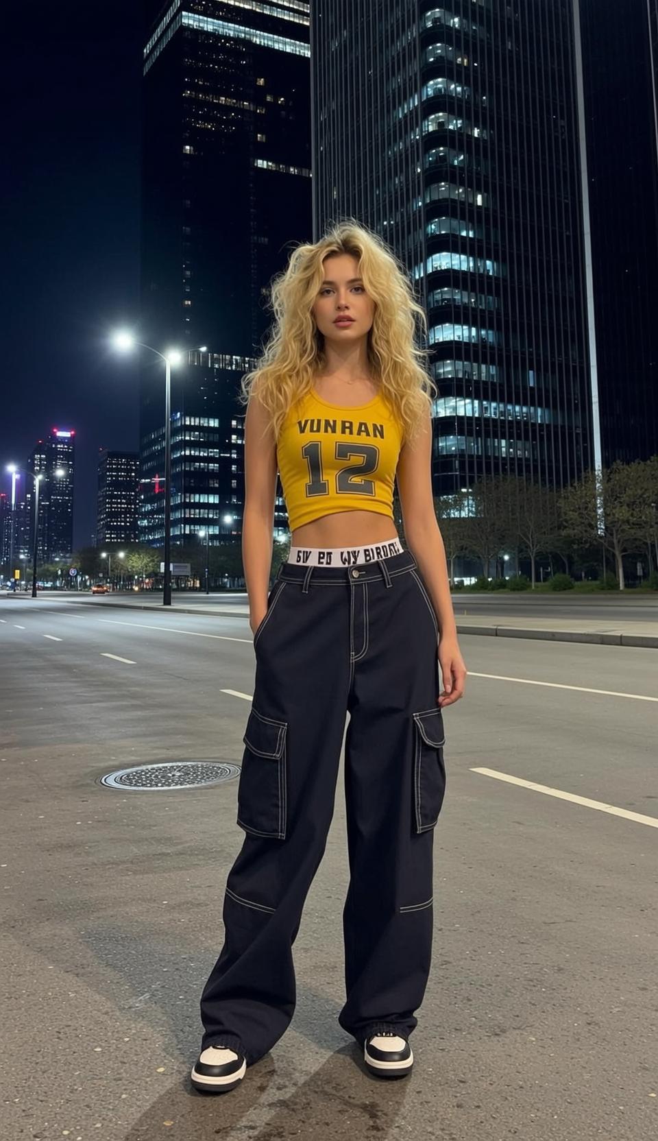 Blonde Woman City Street Night Yellow Tank Top