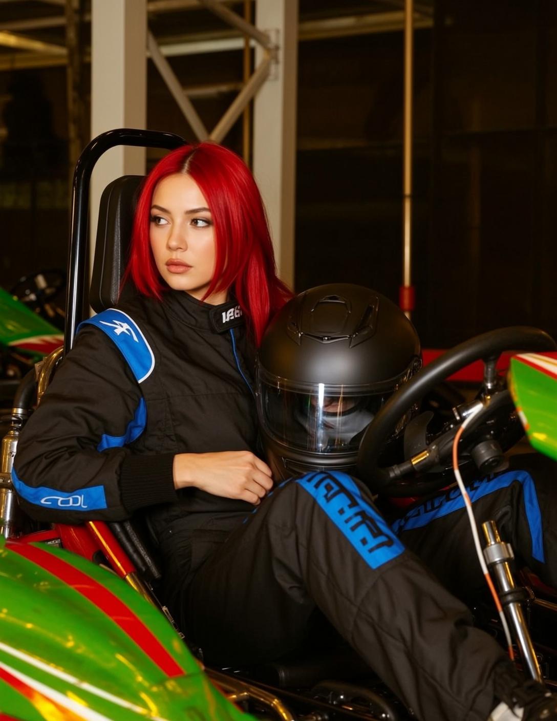 Black Racing Suit with Blue Accents Indoor Go-kart Track Concrete reference photo