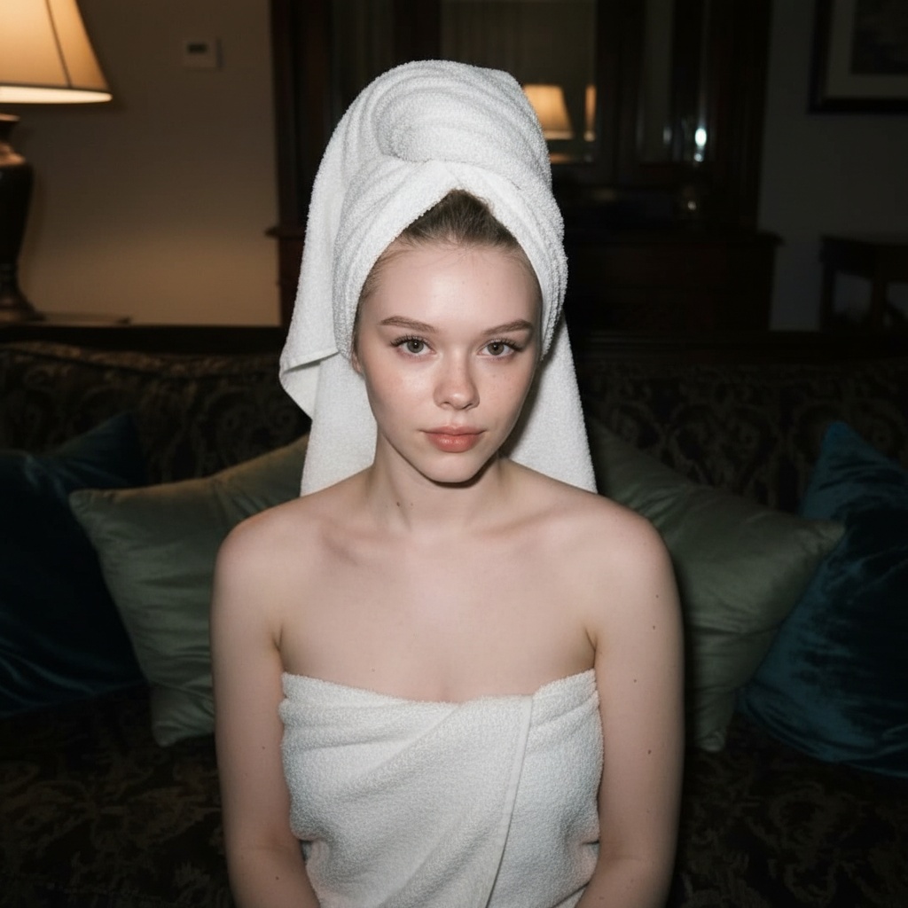 A woman wrapped in a white towel, seated on a plush dark couch with muted jewel-tone pillows, illuminated by soft, warm light.