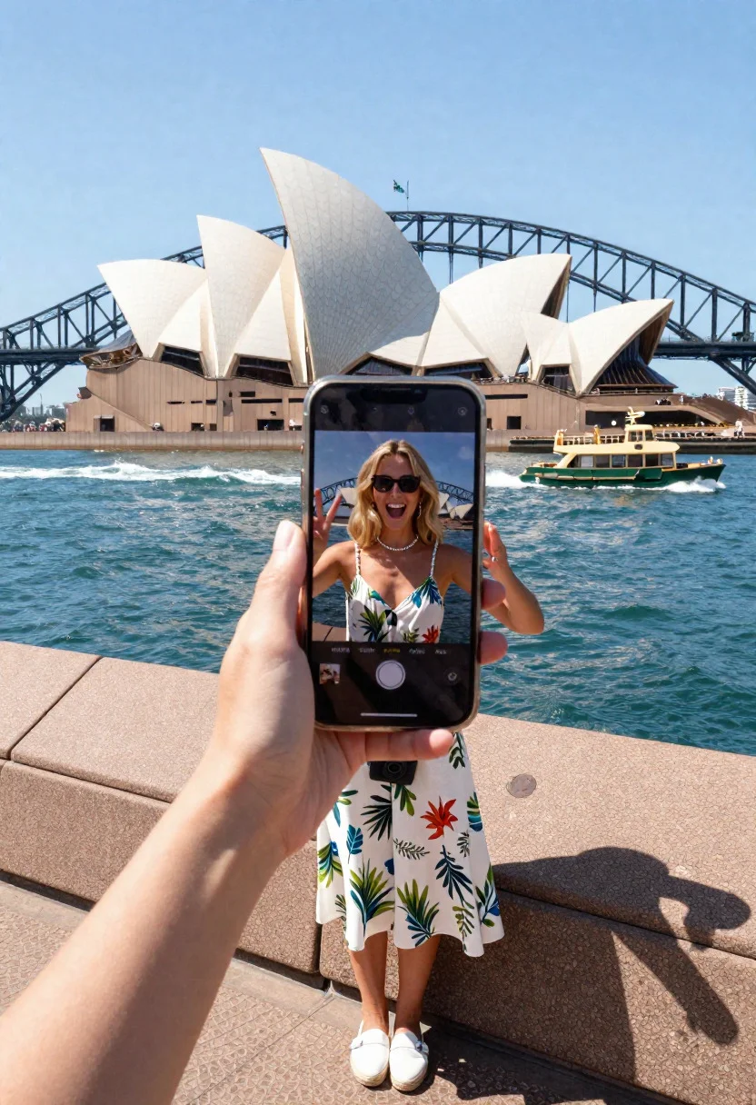 Selfie Scene Mesmerized Tourist Woman Capturing The Sydney Opera House reference photo