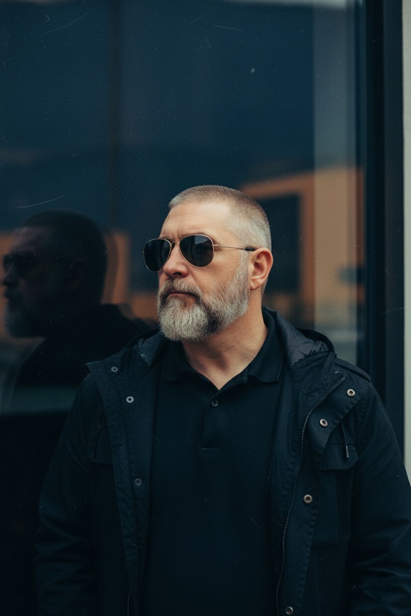 Cinematic portrait of a middle-aged man by a window, soft diffused light highlighting his gray beard and dark polo shirt, set in velvet indigo and amber tones.