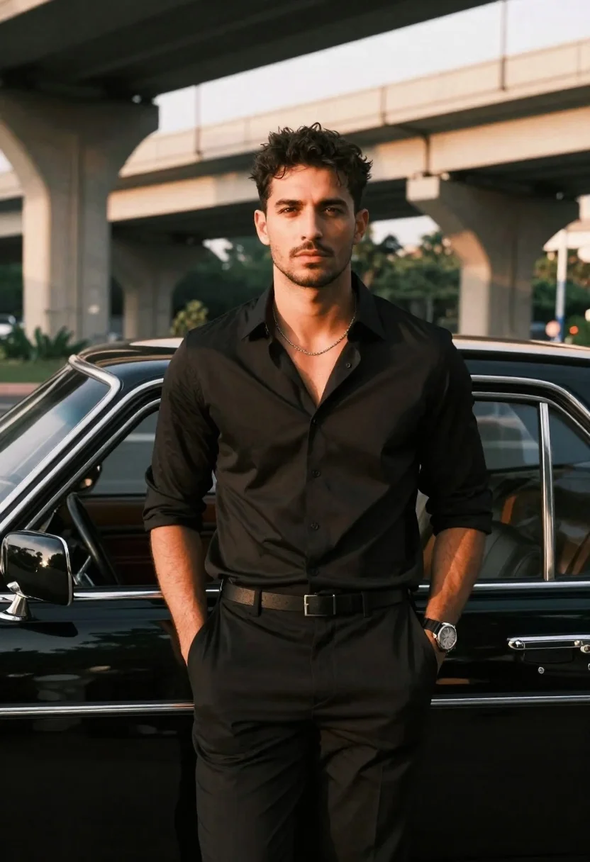 Portrait Confident Man Leaning Against Sleek Black Classic Car Beneath reference photo