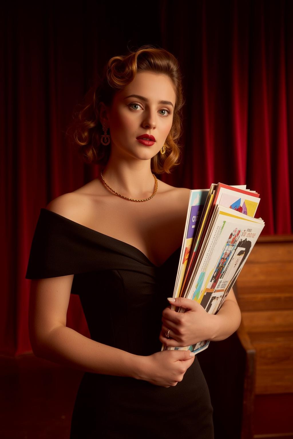 Explore Stands Facing Holding Stack Magazines Her