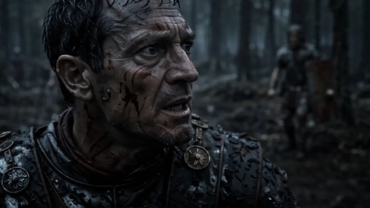 Roman Soldier Battle Worn Profile Portrait Dark Forest