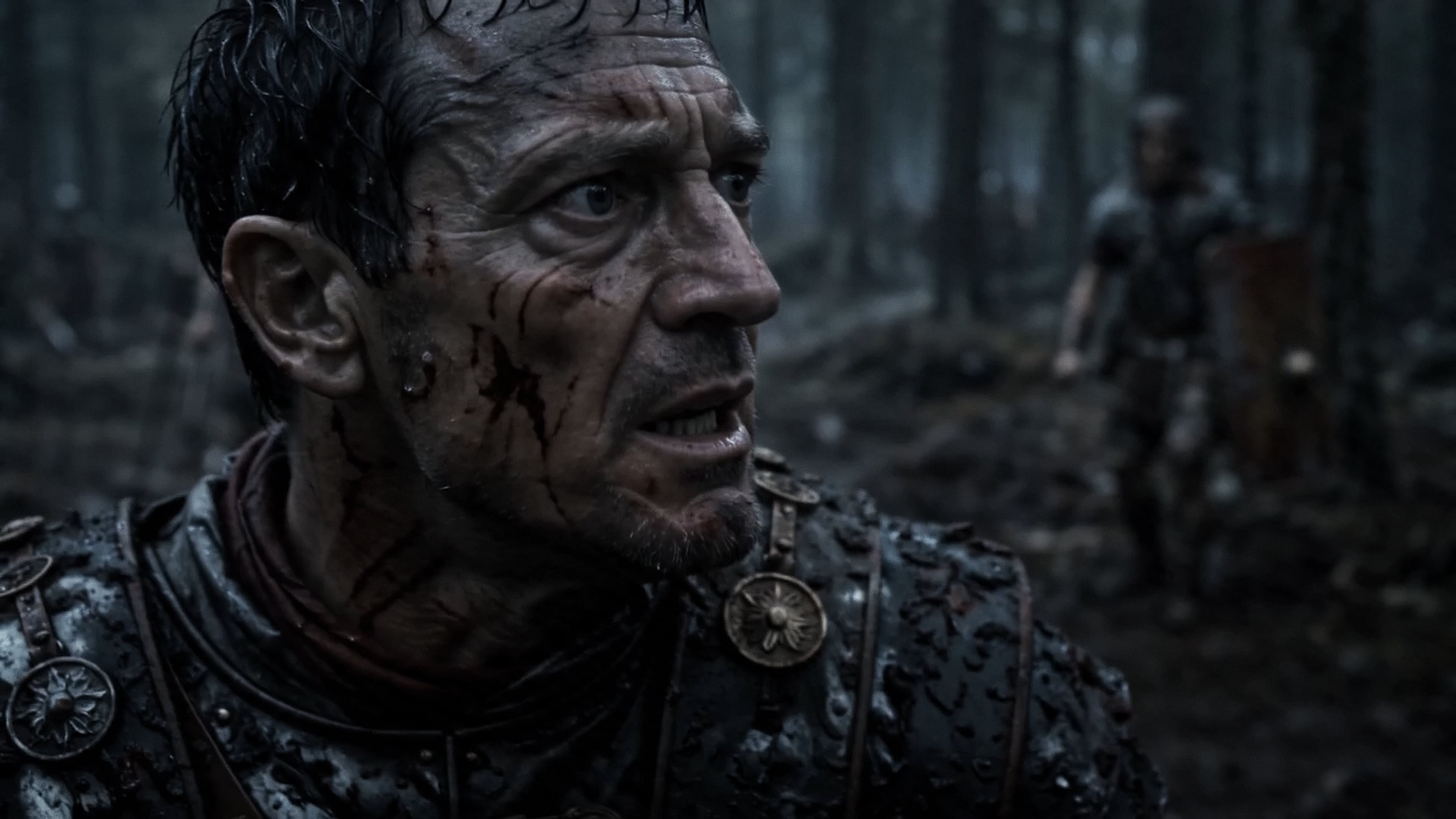 Roman Soldier Battle Worn Profile Portrait Dark Forest