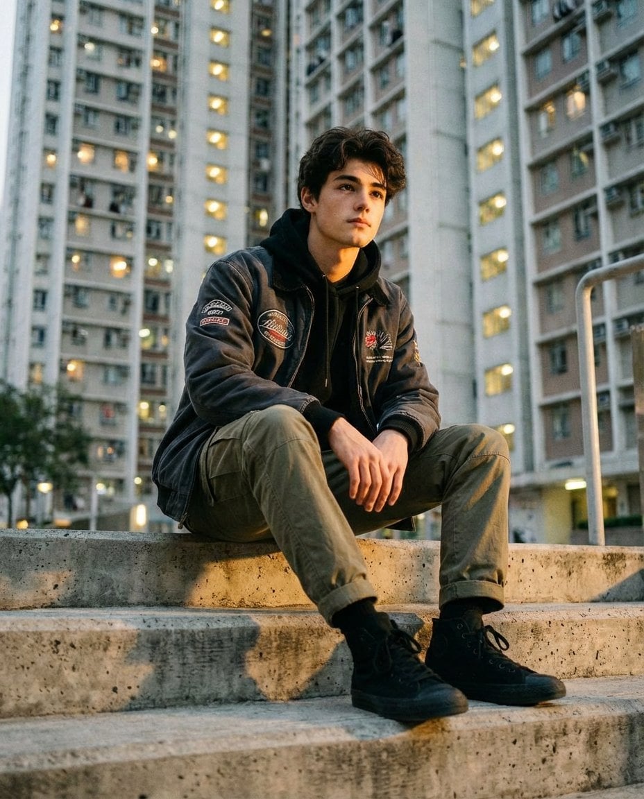 Urban Housing Complex Young Man Golden Hour Streetwear