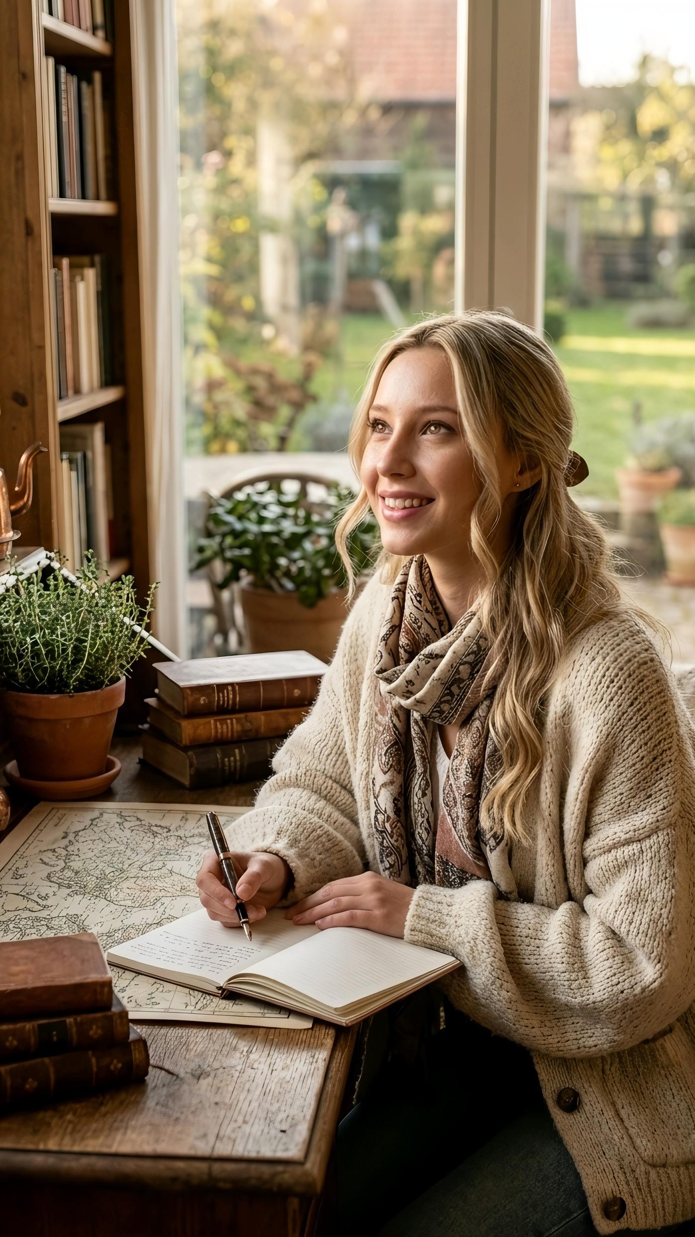 Writing At Desk Sunlit Garden View