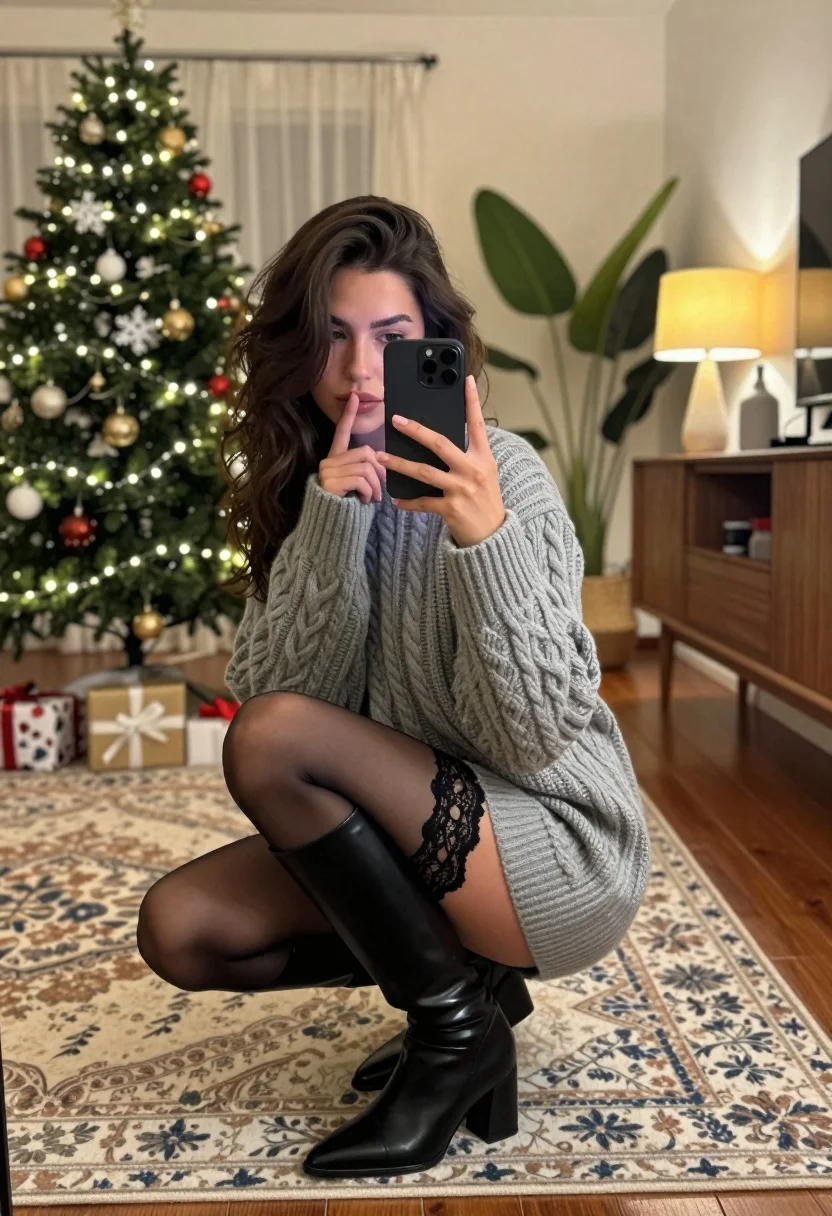 Young Woman With Dark Wavy Hair Crouches Patterned Rug While