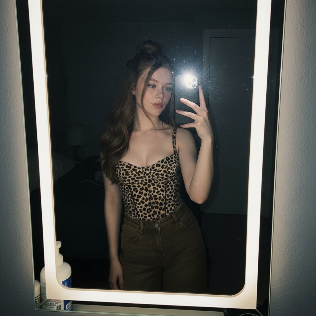 Realistic Woman Selfie Warm Light Bedroom