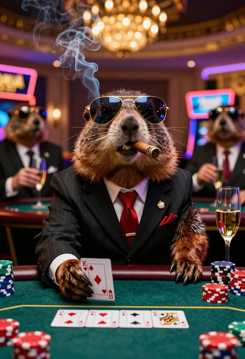 Hyper-realistic Close-up Large Groundhog Upscale Casino Setting Subject Confident-looking Groundhog reference photo