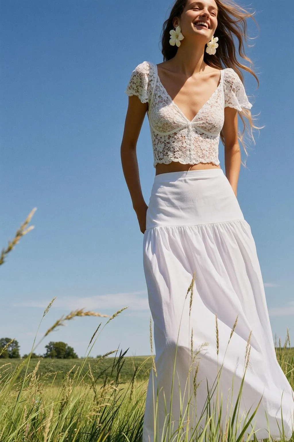 Earrings With White Lace Crop Top