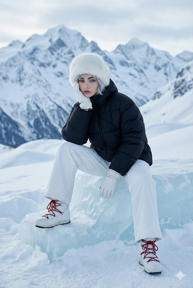 A young woman wearing a black oversized puffer jacket and white pants sits on a sculpted block of ice in a vast snowy alpine landscape.