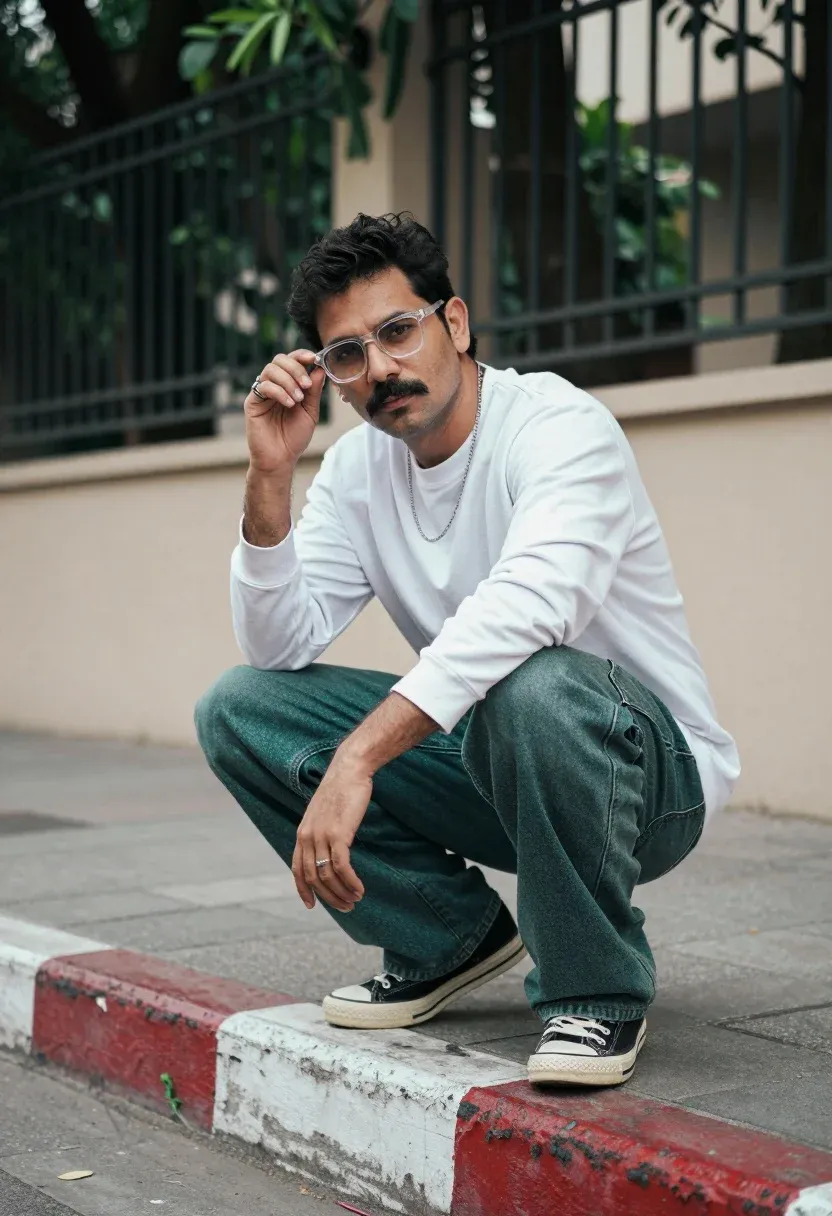 Man Crouching Curb Urban Outdoor Setting Subject Man With Dark