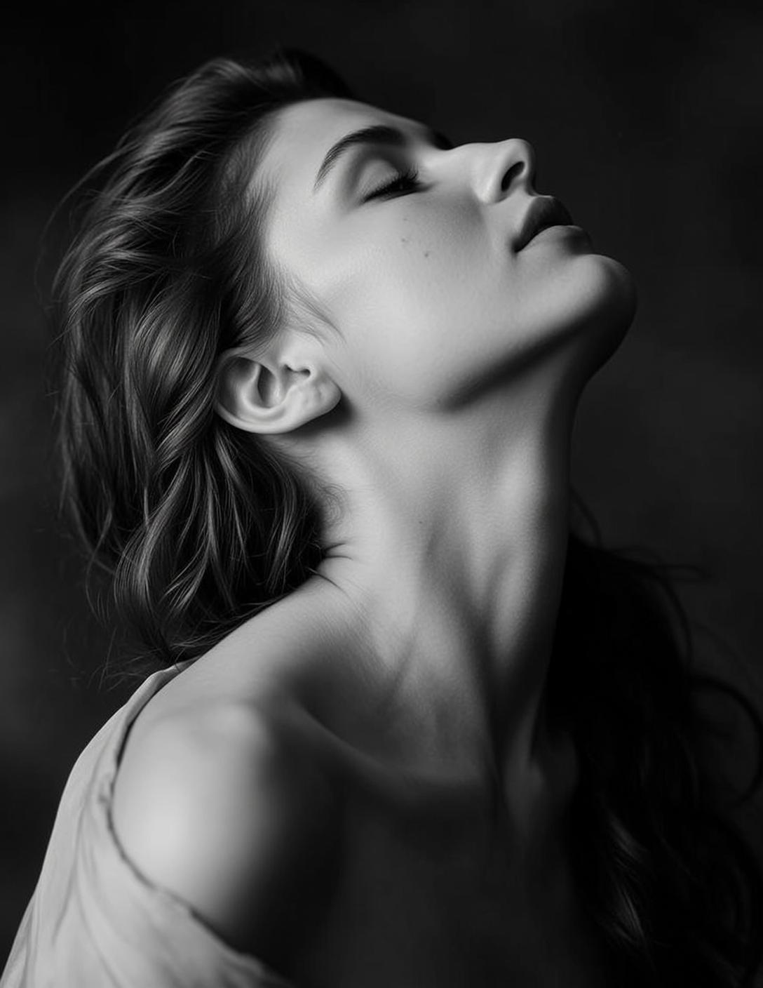 Black And White Medium Shot Portrait Young Woman With Her