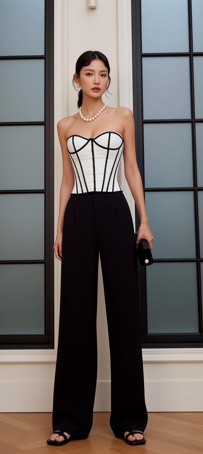 Asian Woman White Corset Black Trousers Pearl Necklace Window