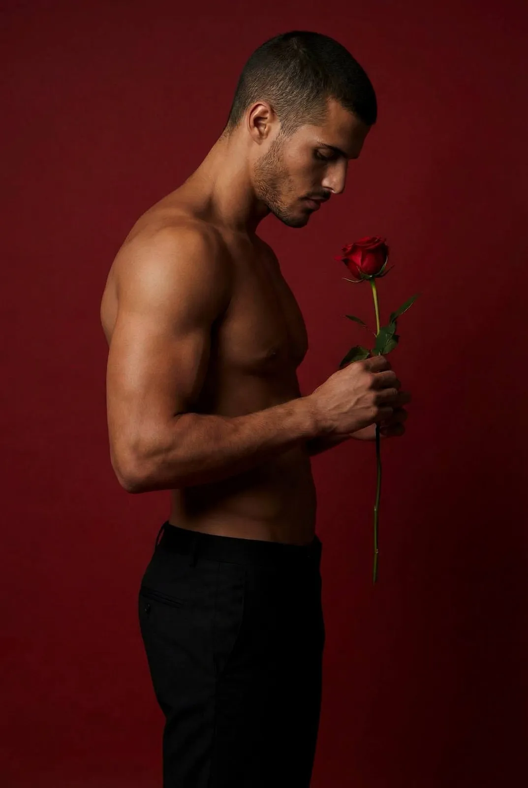 Muscular Man Red Rose Studio Portrait