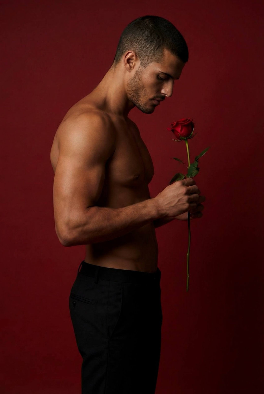 A muscular man holding a red rose in a studio against a red backdrop, showcasing defined muscles and soft lighting.