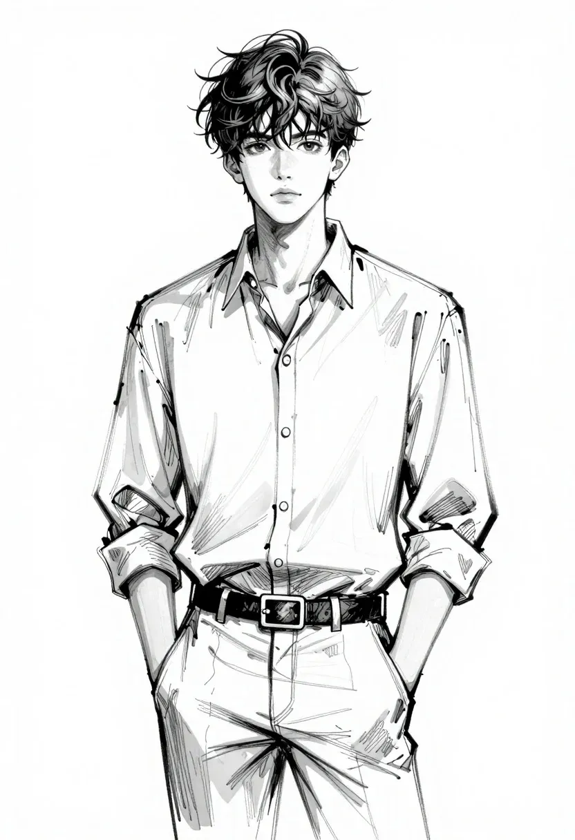 Monochromatic Sketch Young Man With Tousled Hair And Calm Expression