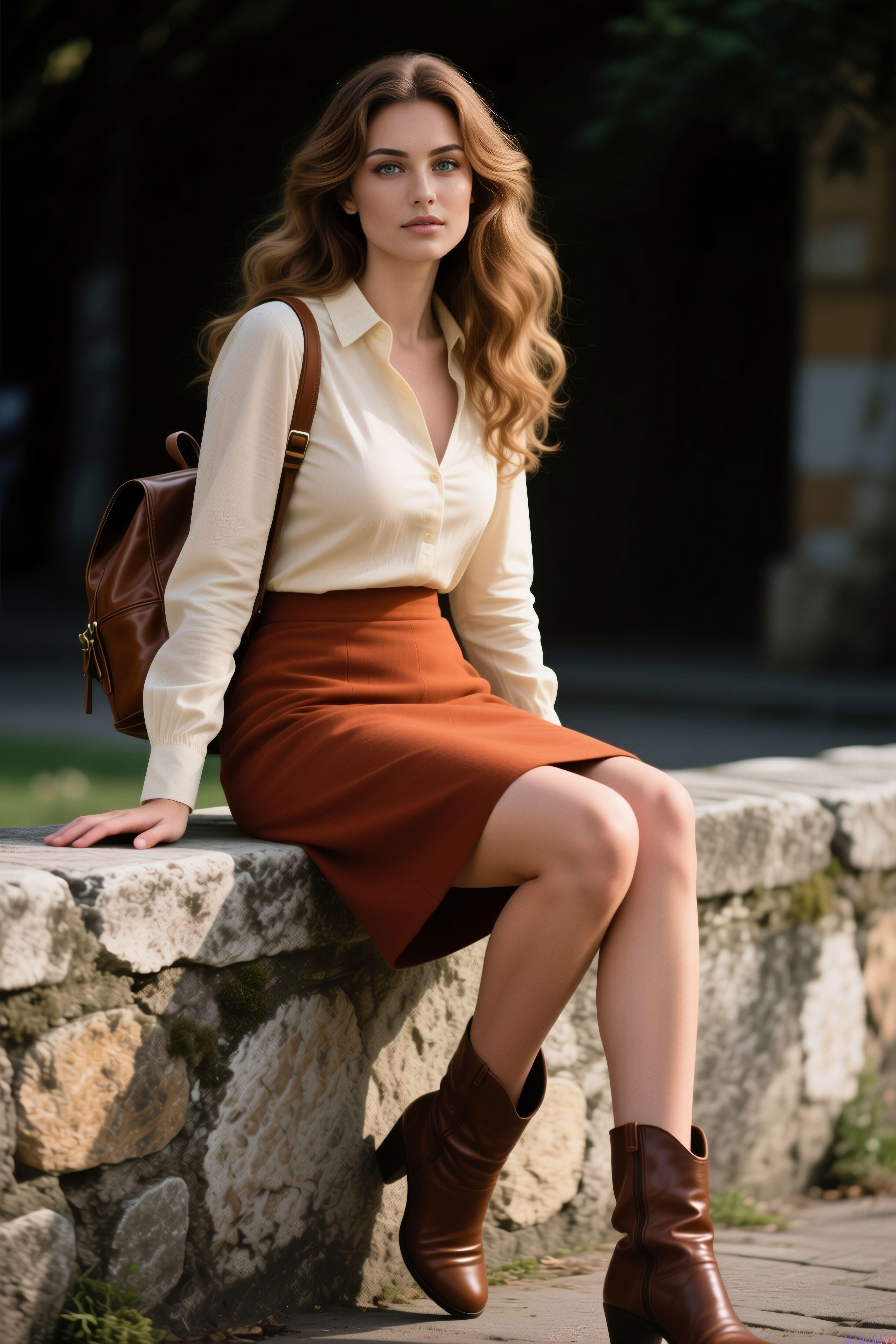 Sits Outdoors On Rough Stone Wall Or Bench In Shaded