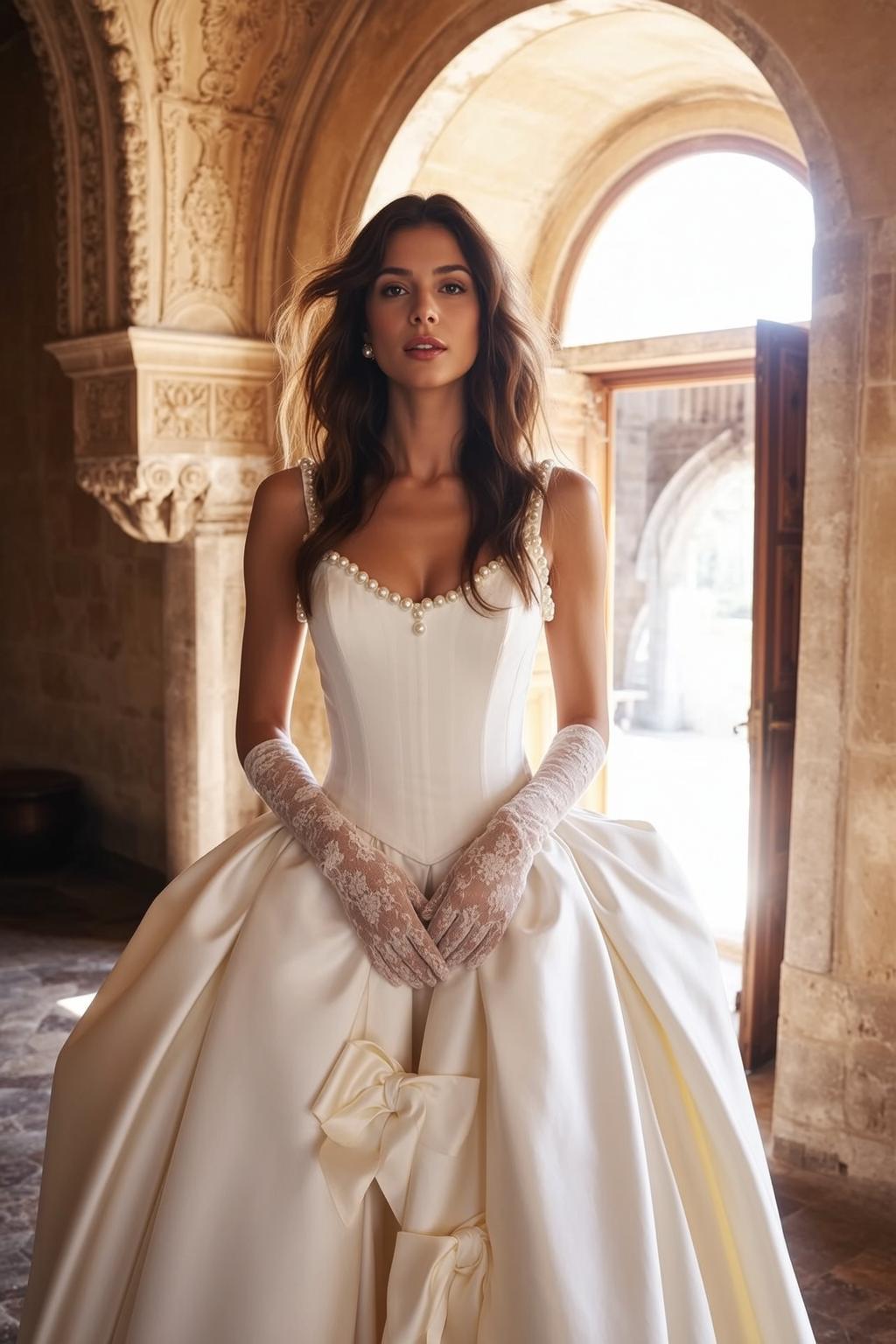 White Ballgown at Stone Archway