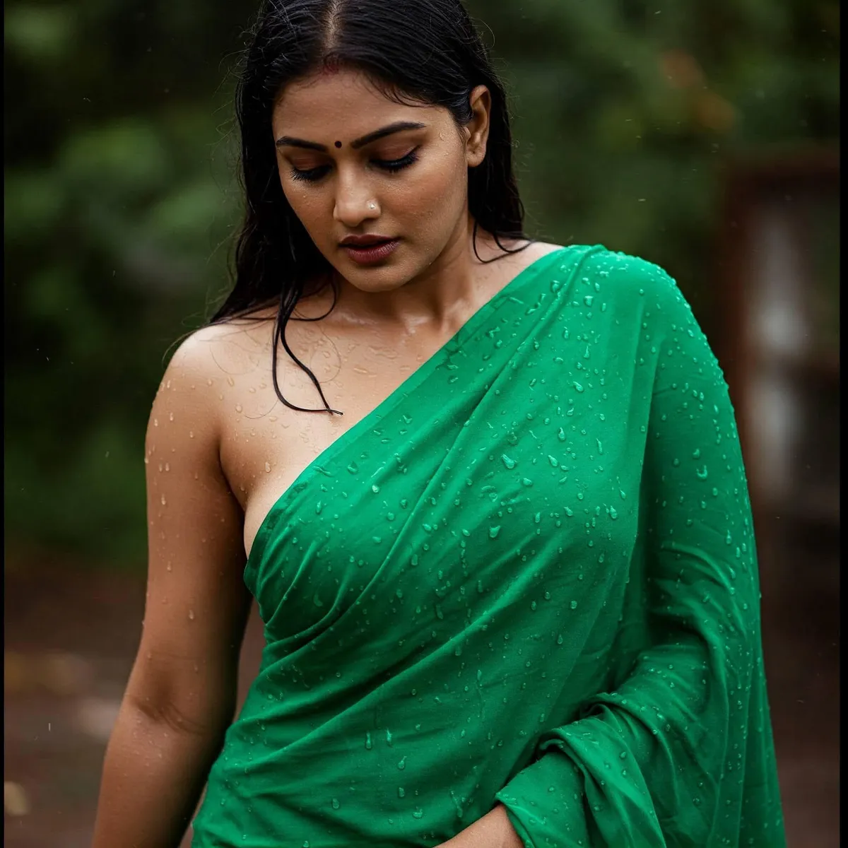 Green Saree In Rainy Forest