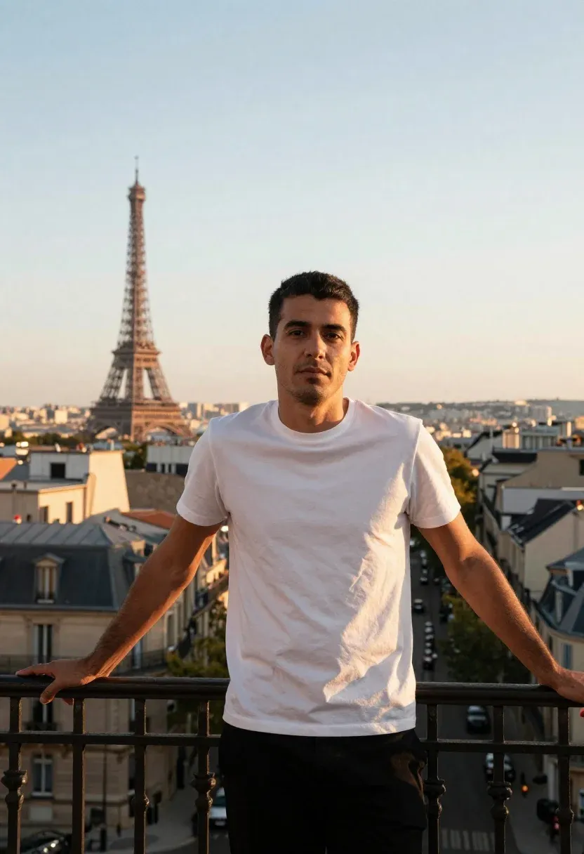 Photorealistic Portrait Man Leaning Ornate Balcony Railing With The Eiffel