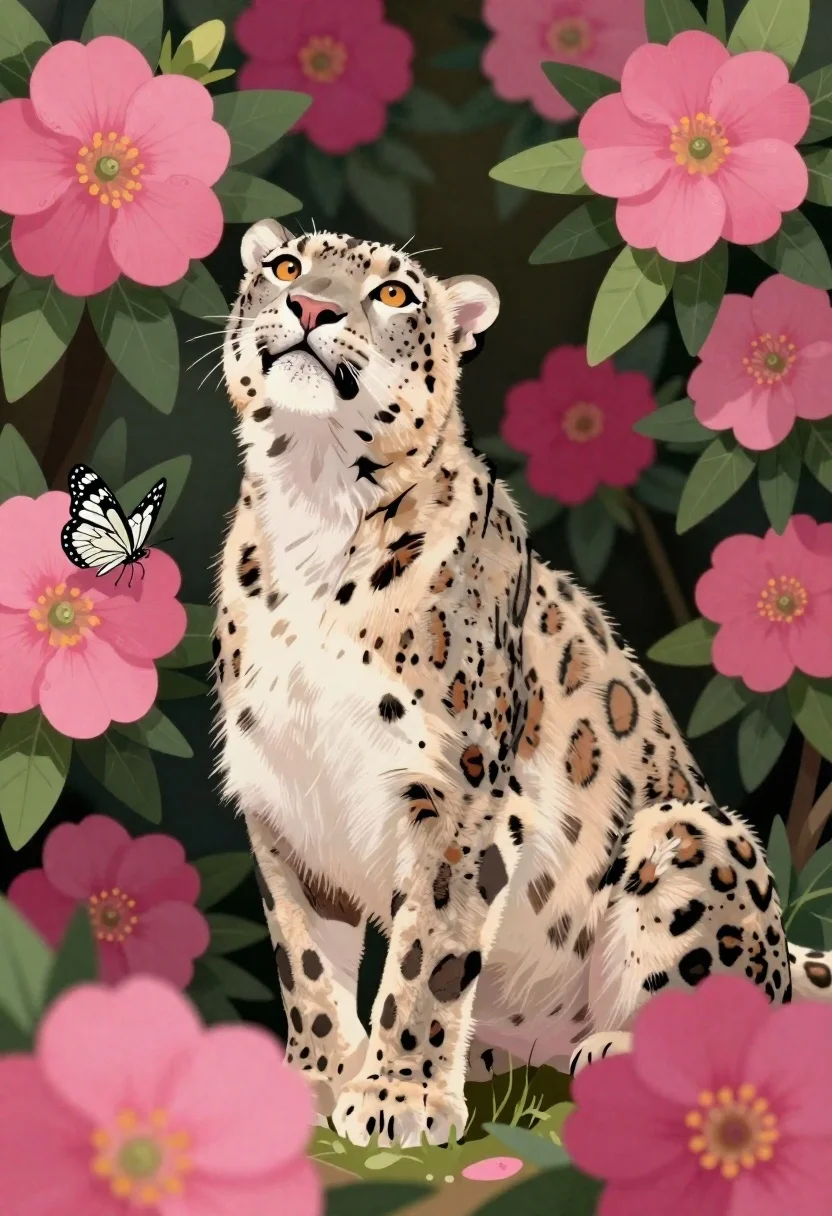 Detailed Digital Illustration Snow Leopard Emerging From Dense Thicket Vibrant reference photo