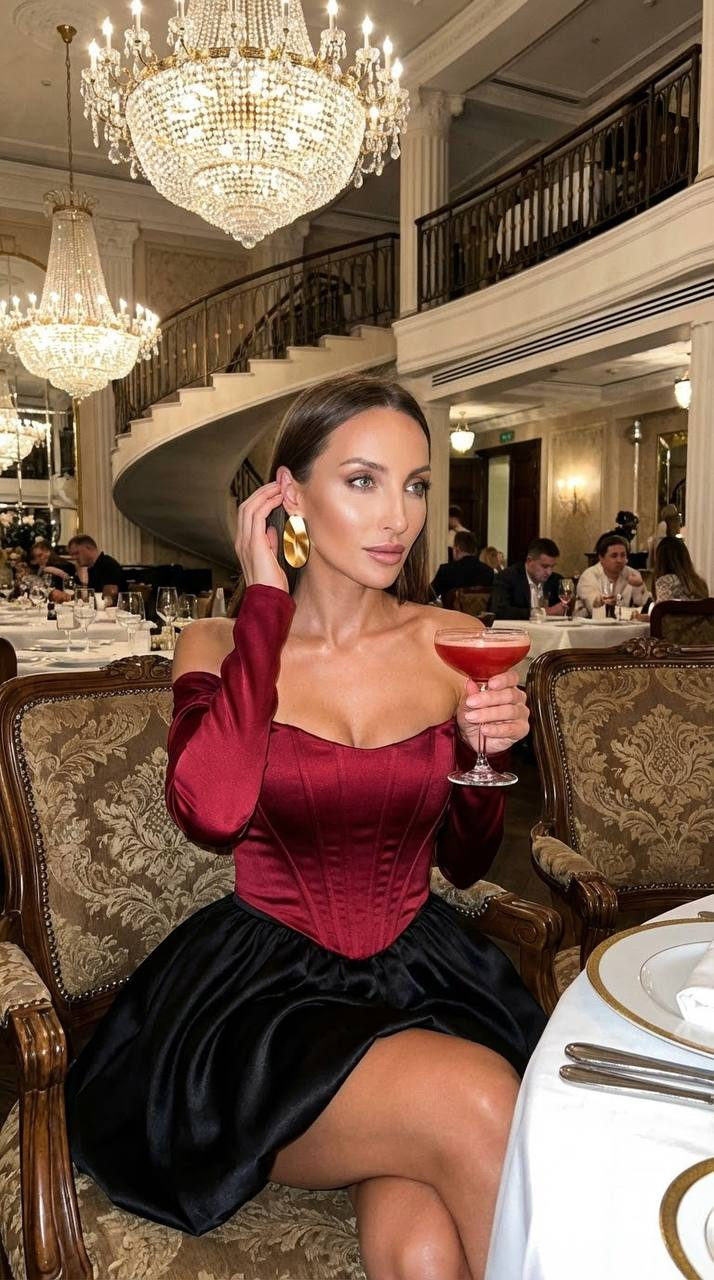 Close-up portrait of a woman in a luxurious restaurant, wearing a burgundy satin corset blouse and voluminous mini skirt, with elegant makeup.