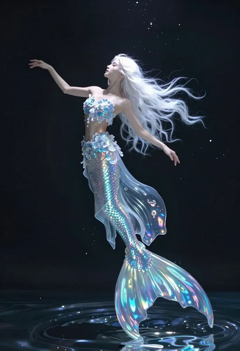 Subject Graceful Mermaid With Flowing White Hair And Iridescent Translucent