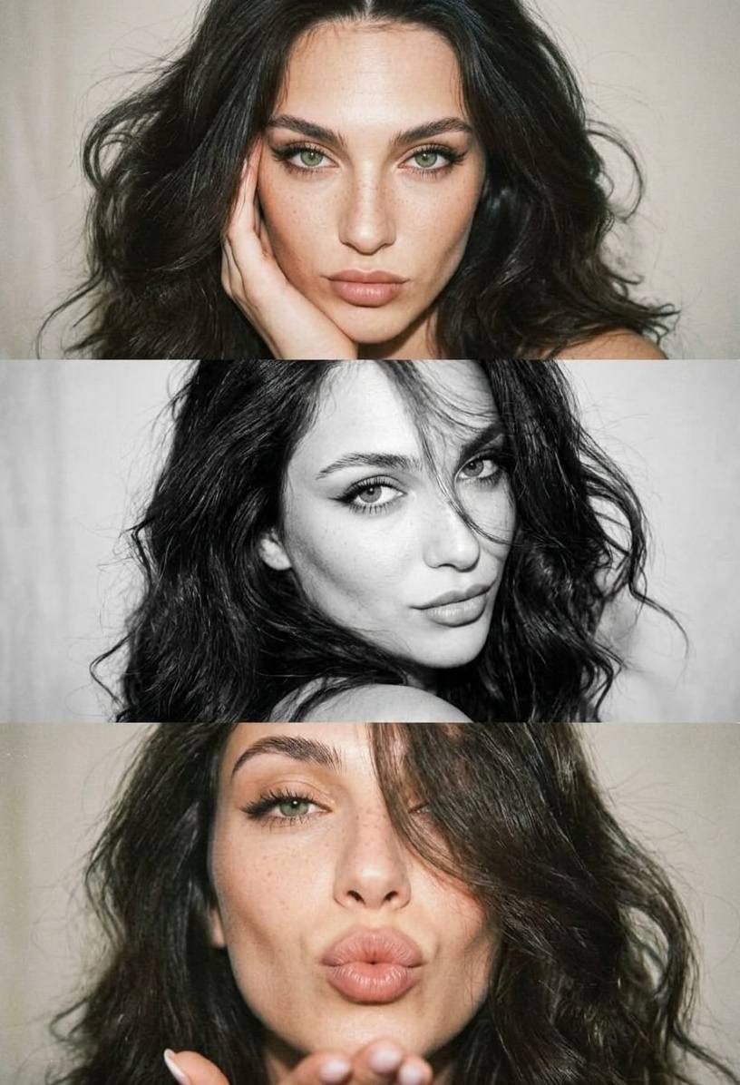 A soft focus portrait of a girl in a Y2K collage, showcasing her voluminous hairstyle and beautiful makeup against a light background.