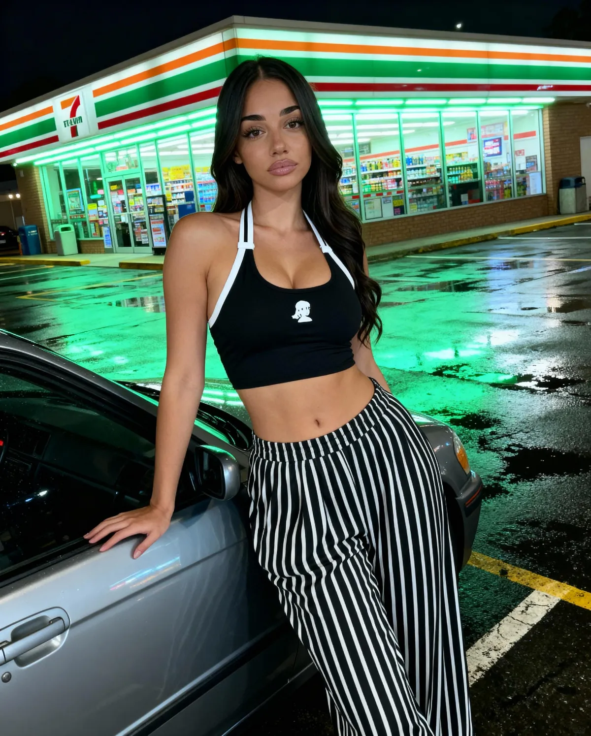 Black Halter Neck Crop Top White Trim In Parking Lot
