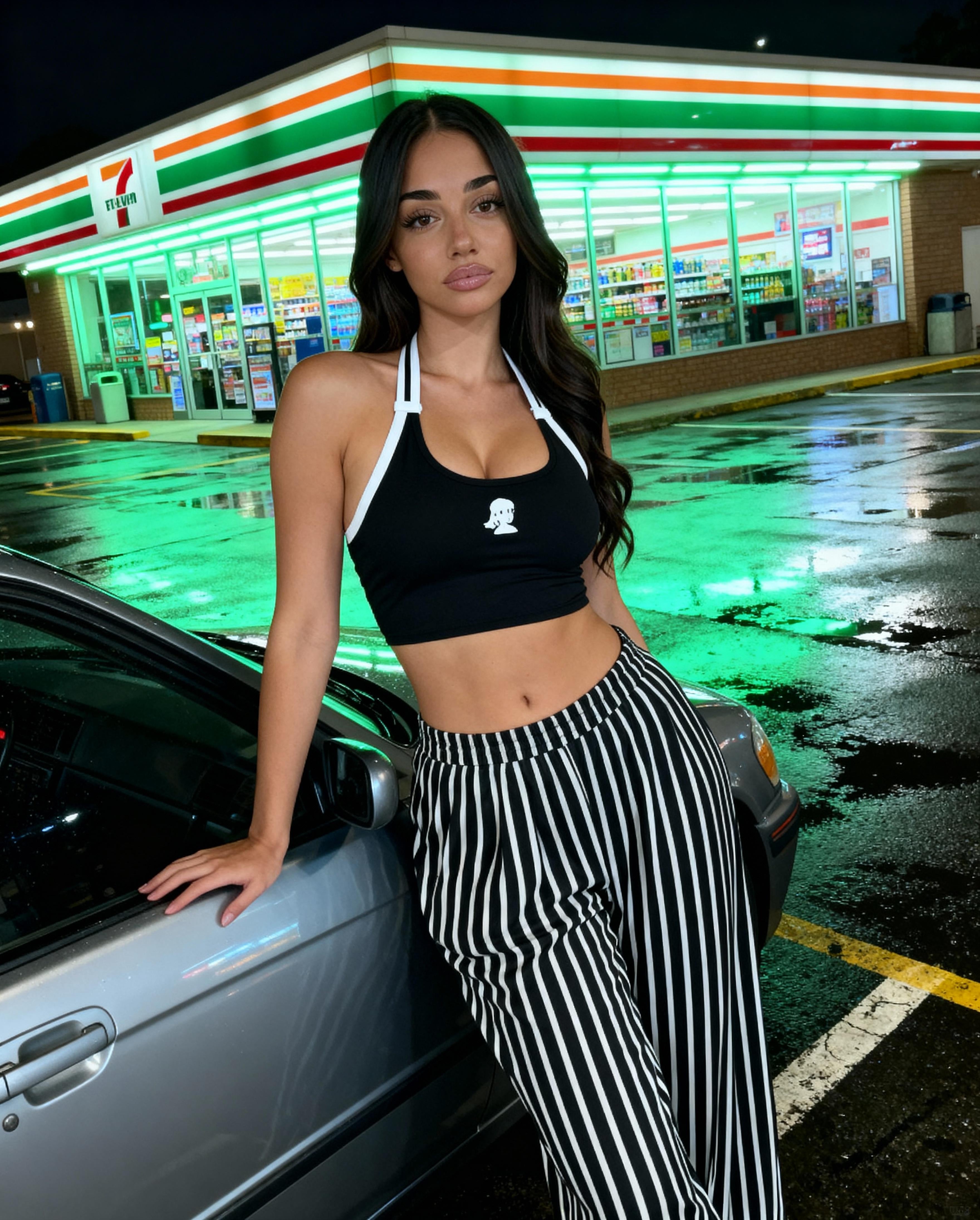Black Halter Neck Crop Top White Trim In Parking Lot