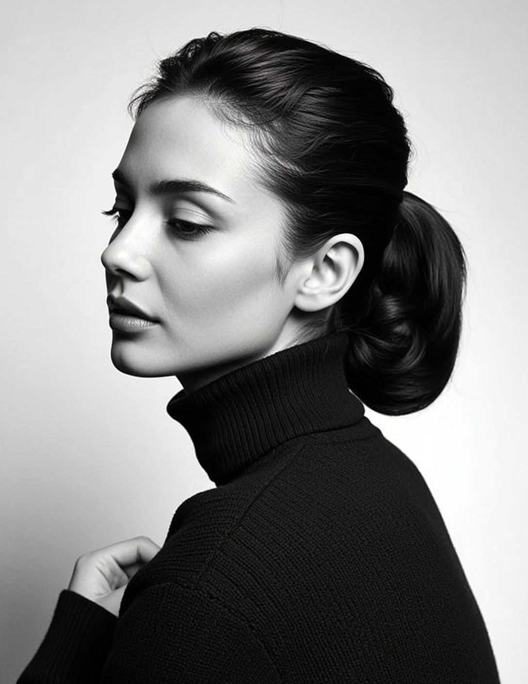 Photorealistic Medium Shot Black And White Portrait Young Woman With
