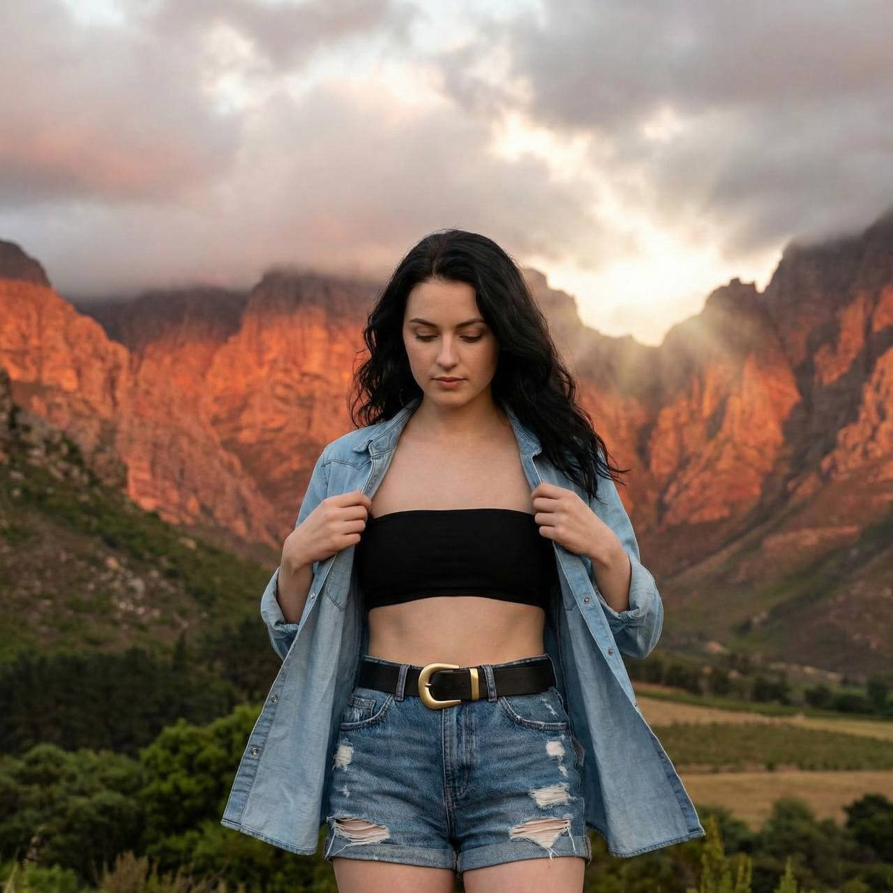 A young woman with long dark hair stands against a warm orange-red mountain backdrop, wearing a black crop top and distressed denim shorts.