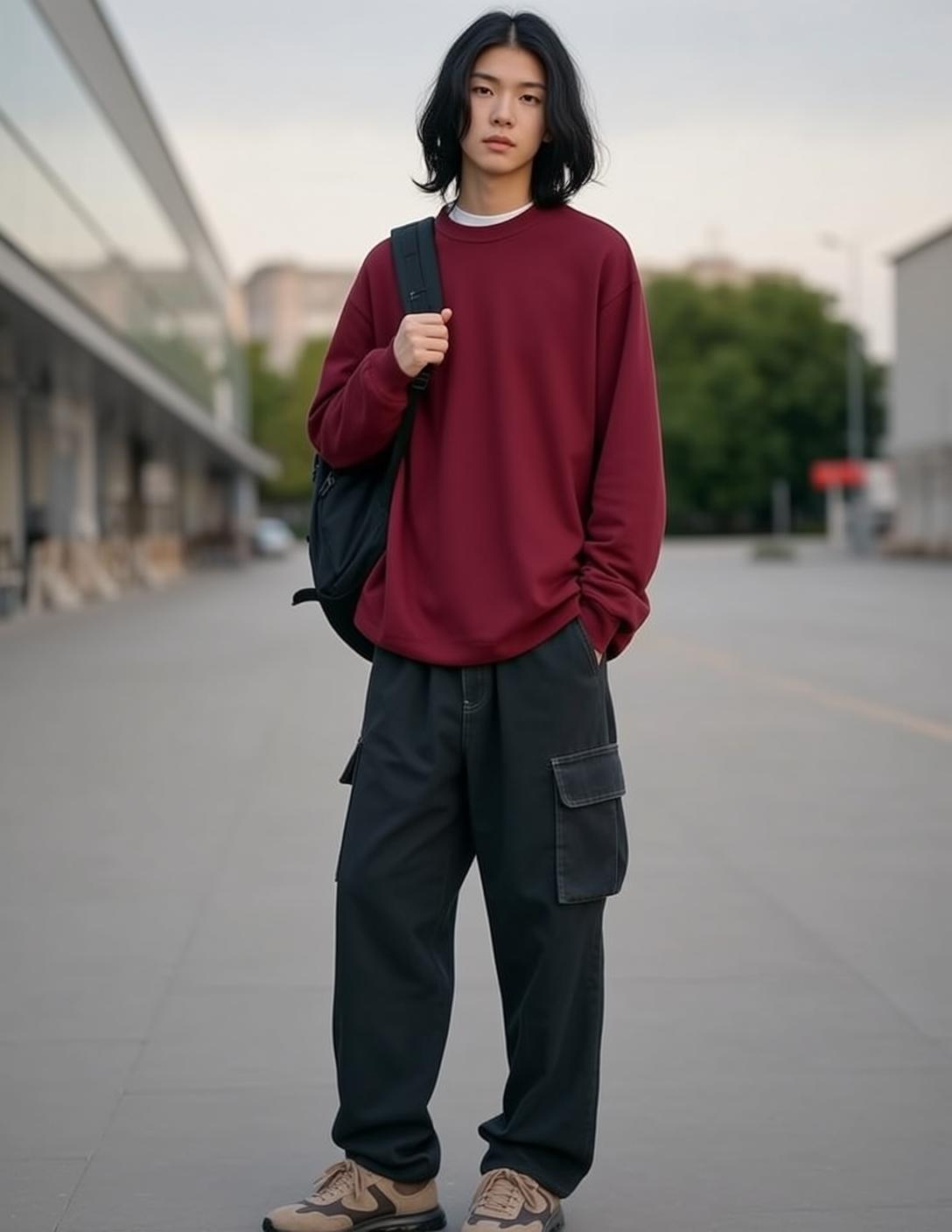 Young Asian Man Urban Street Cargo Pants Backpack