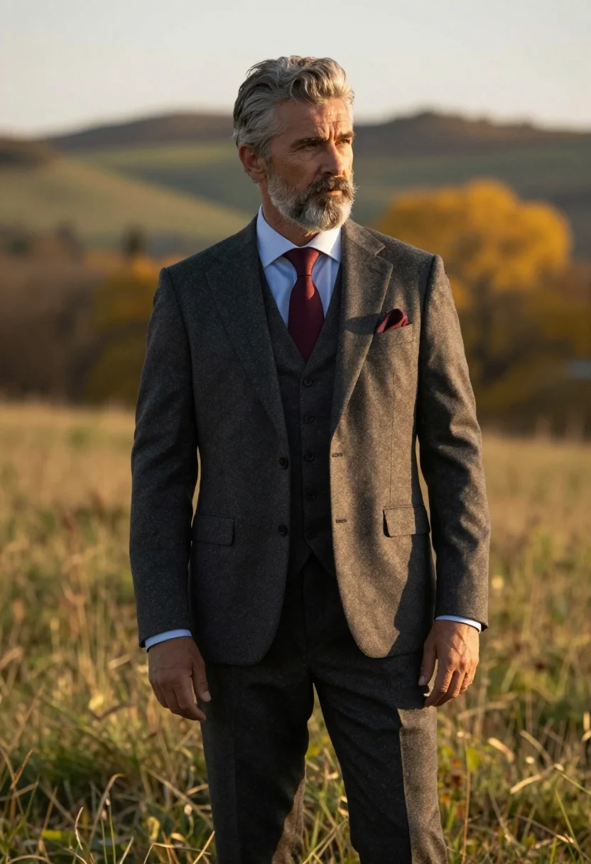 Distinguished Man With Salt-and-pepper Hair And Well-groomed Beard Stands Field