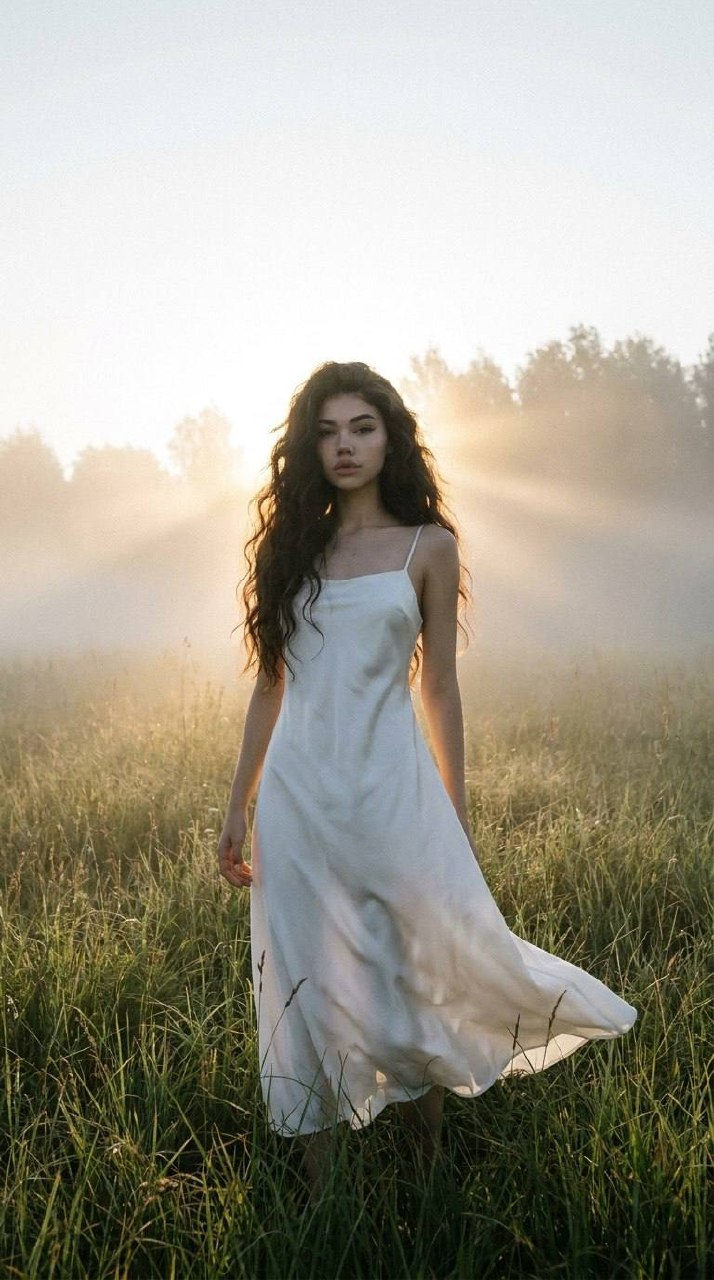 A young girl with wavy hair stands in tall grass wearing a flowing white silk dress, enveloped in a golden mist at sunrise.