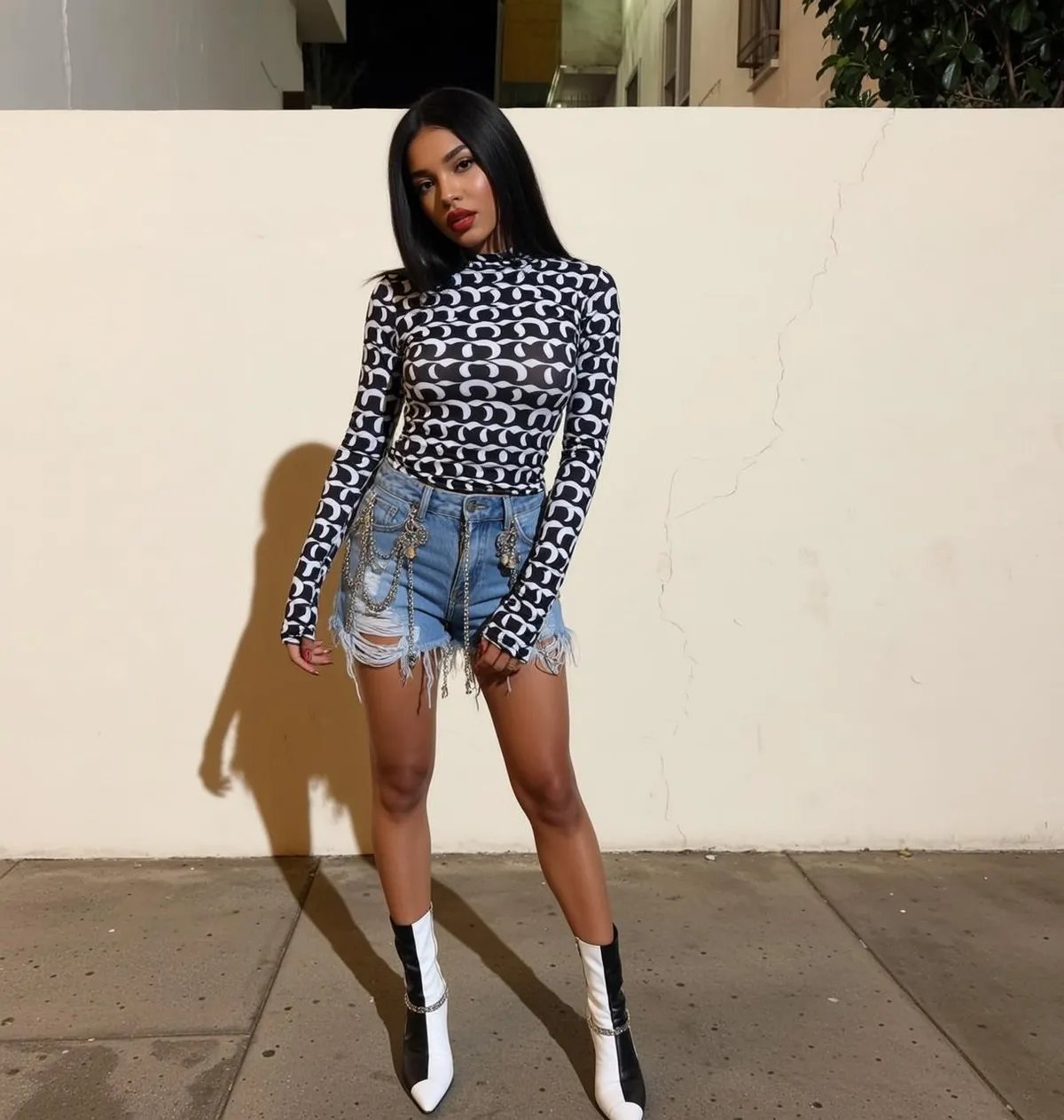 Patterned Turtleneck Denim Shorts Boots