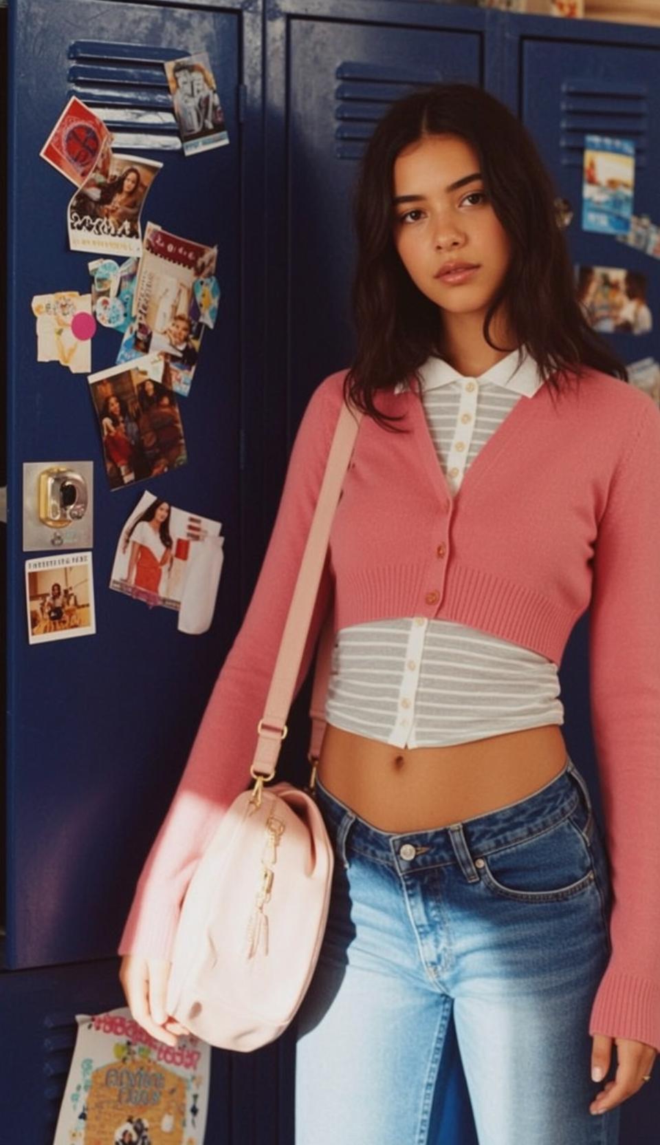 Pink Cardigan Jeans Mirror Selfie