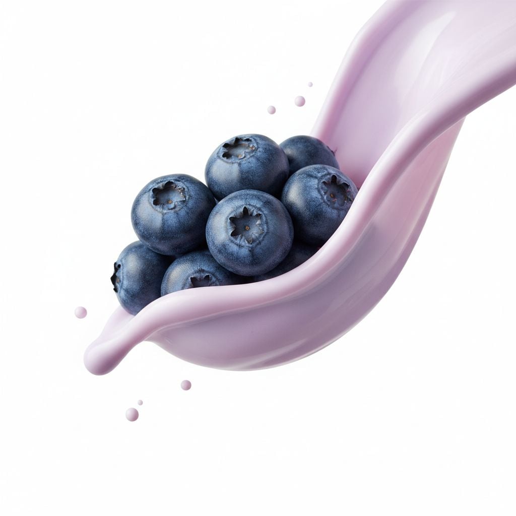 A cluster of fresh blueberries suspended in pale blueberry yogurt, showcasing smooth textures and minimal splash.